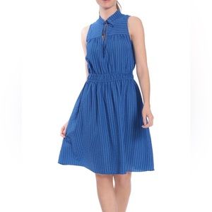 London Times Blue High Neck Sleeveless Stripe Fit and Flare Cut Dress Casual